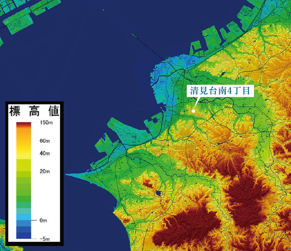 国土地理院「デジタル標高地形図」より現地位置（木更津市清見台南4丁目）をプロット加工